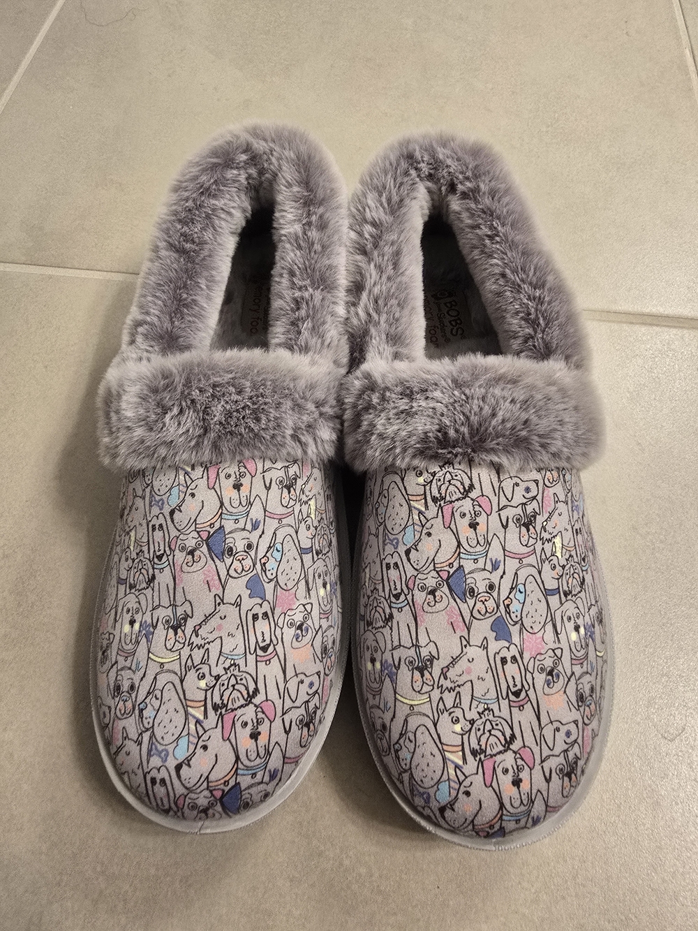 BOBS from Skechers Gray Faux Fur Lined Dog-Print Slippers